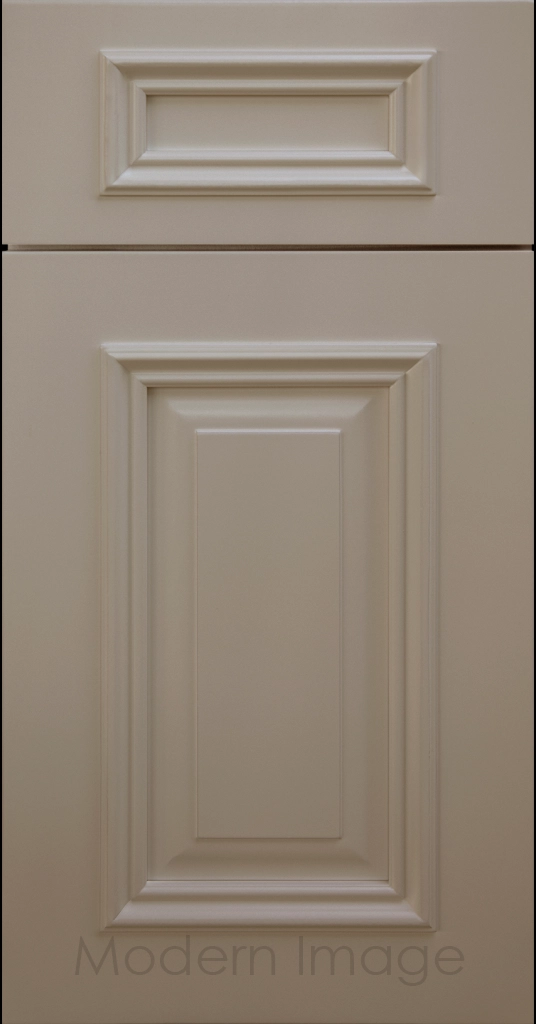 Heritage custom cabinets in a French Grey finish with classic raised panel doors and modern flat slab drawers.